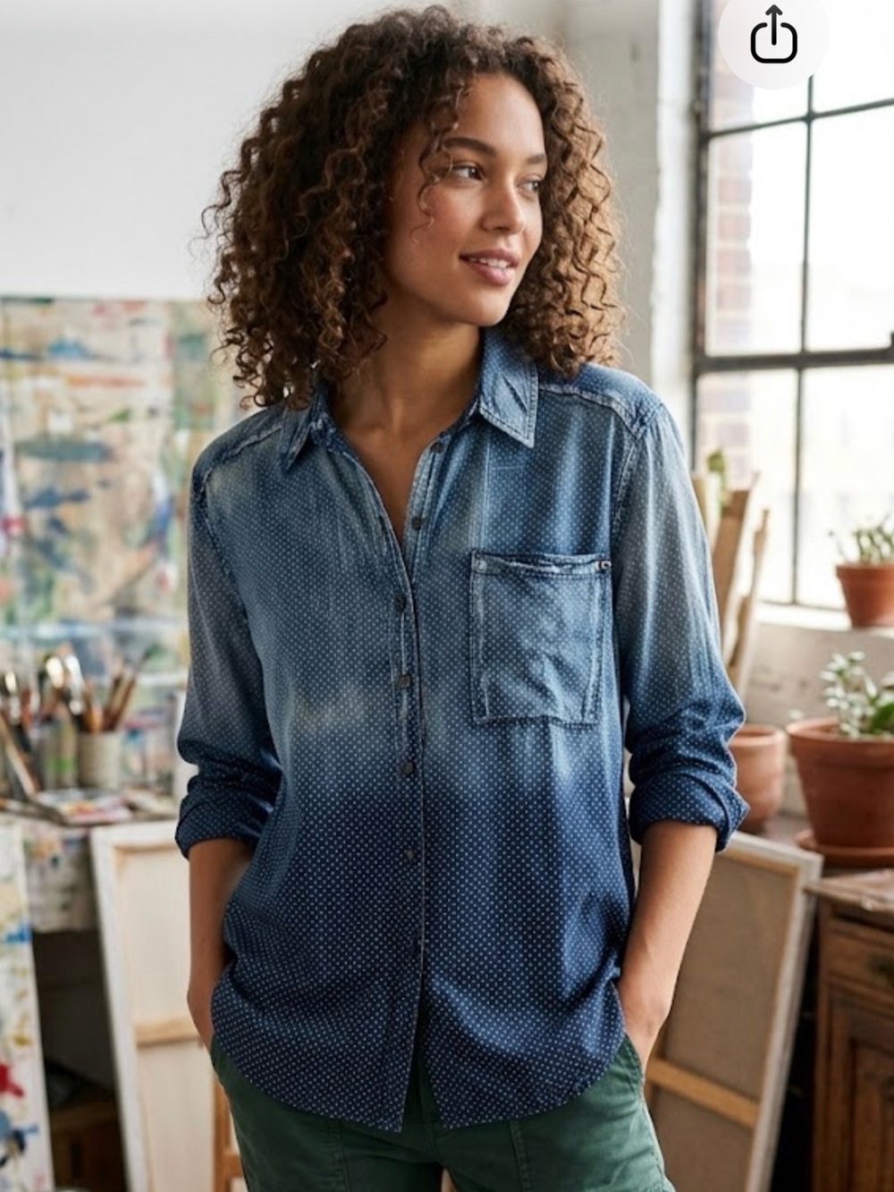 Sundance Bleached Polka Dot Acid Wash Button Down Shirt XXL Cotton Ombre NWT